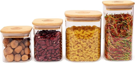 Glass Food Storage Jars Set of 4, (Square) Glass Storage Containers with Bamboo Lid Airtight For Serving Tea, Coffee, Flour, Sugar, Candy, Cookie, Spice and More