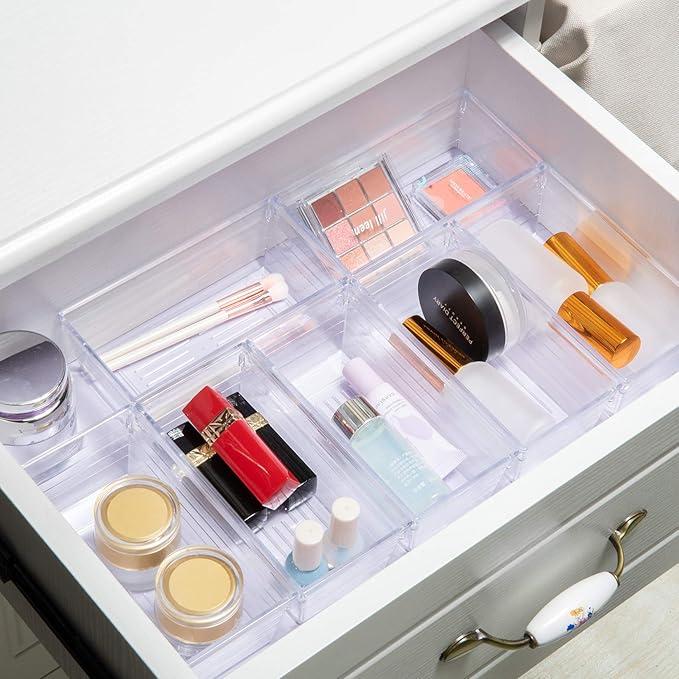 Backerysupply Clear Plastic Drawer Organizer Tray for Vanity Cabinet (6"×3"×2" Set of 8) Storage Tray for Makeup, Kitchen Jewelries and Gadgets