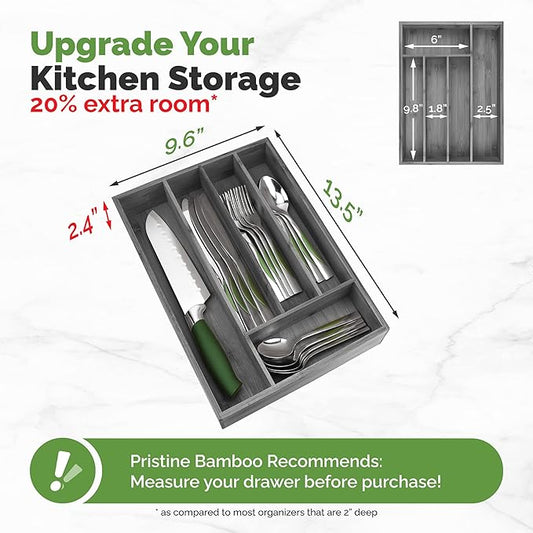 5-Slot Drawer Organizer - Kitchen and Utensil Organizer - Cutlery Tray - Flatware and Silverware Holder - Gray