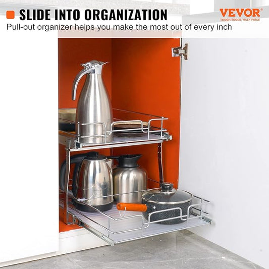VEVOR 2 Tier 17"Wx21"Dx15"H Pull Out Cabinet Organizer, Heavy Duty Slide Out Pantry Shelves, Chrome-Plated Steel Roll Out Drawers, Sliding Drawer Storage, 18.5"Wx22"Dx18"H Install Size for Cabinet