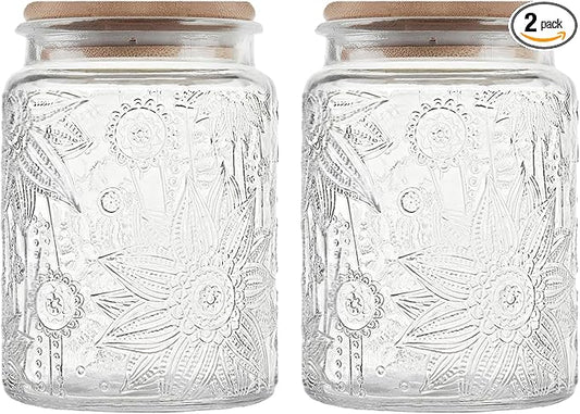 Vintage Glass Jar with Bamboo Lid, 23.7 FL oz - Airtight Decorative Food Storage Canisters for Kitchen Counter, Ideal for Candy, Sugar, Coffee, Cookies (Sunflower*2)