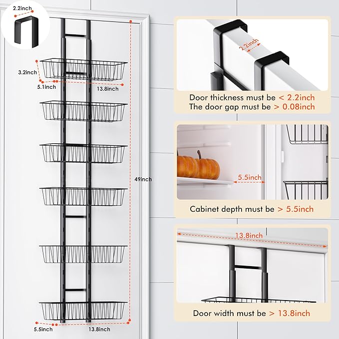 LUXEAR Over the Door Pantry Organizer, 6-Tier Adjustable Over the Door Hanging Spice Rack, No-Assembly Foldable Metal Over the Door Organizer for Kitchen, Home, Laundry Room, Bathroom