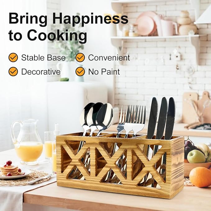 Wooden Cutlery Silverware Holder Flatware Caddy Wood Utensil Organizer for Kitchen Counter Decor Small Silverware Countertop Spoon and Fork Holder Table Utensil Caddy for Party Cutlery Basket