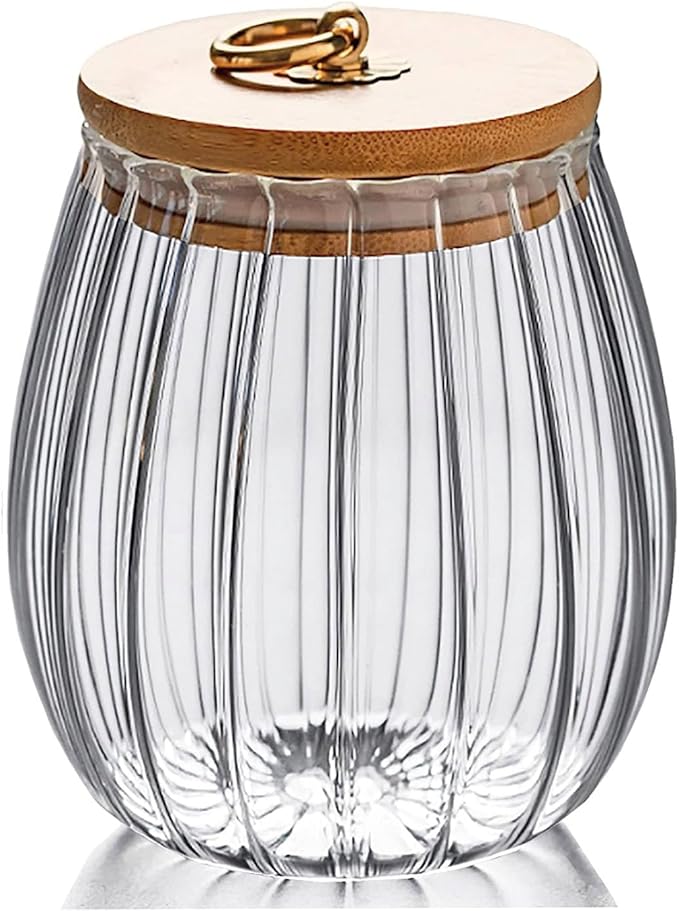 Strip Pattern Clear Glass Candy Jar with Bamboo Lid,Food Storage Jar,Glass Jar with Lid,Coffee Sugar Canister Airtight Storage Container (Oval)