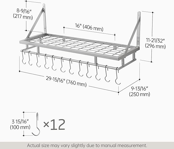 KES 30-Inch Silver Gray Pot Rack, Wall MountedHanging Pot and Pan Organizer with 12 Sturdy Hooks, Kitchen Wall Hanger Shelves Modern, KUR215S75A-SG