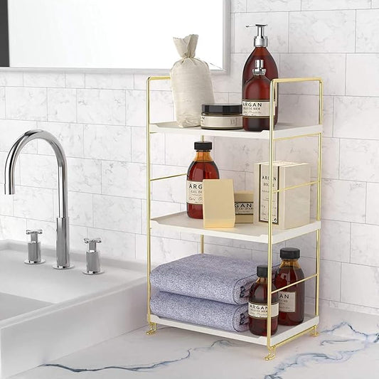 3-Tier Kitchen Spice Rack, Freestanding Stackable Organizer Shelf, Bathroom Countertop Storage Shelf, Cosmetic Organizer Holder, Square Standing Rack (Golden)