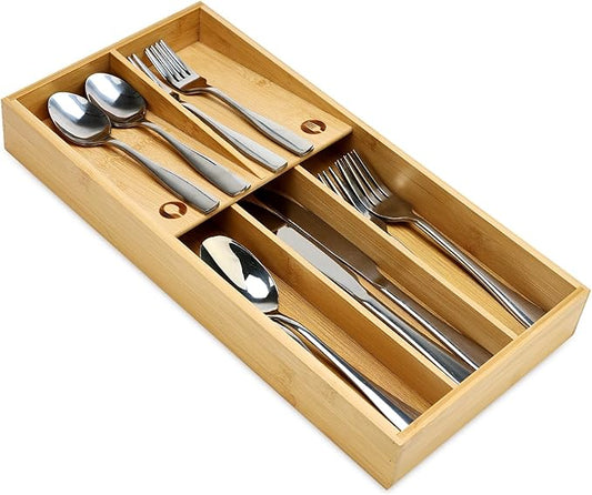 Bamboo Silverware Drawer Organizer Cutlery Tray for Drawer Wood Kitchen Utensil Tray Flatware Caddy Cutlery Holder Utensil Drawers Organizer for Spoon Fork Knives Wooden Silverware Trays