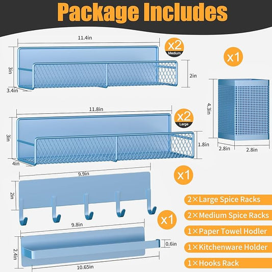 Magnetic Spice Rack for Refrigerator, 7 Pack Metal Magnetic Shelf Blue, Moveable Spice Organizer with Hook Rack, Paper Towel Holder, Kitchenware Holder, Strong Magnetic Storage Fridge Organizer