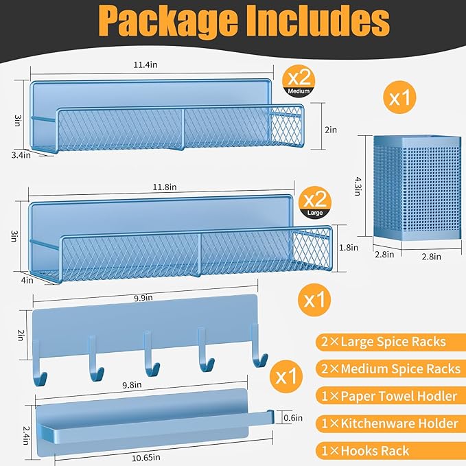 Magnetic Spice Rack for Refrigerator, 7 Pack 100% Metal Strong Magnet Shelves, Kitchen Spice Organizer W/ Hook Rack, Paper Towel Holder, Utensils Caddy, Home Laundry Room Storage Organization (Blue)