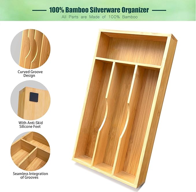 Bamboo Kitchen Drawer Silverware Organizer, 7 Inch Silverware Utensils Tray Holder for Small Drawer, Wood Caddy for Flatware Cutlery Knives 4-Slots