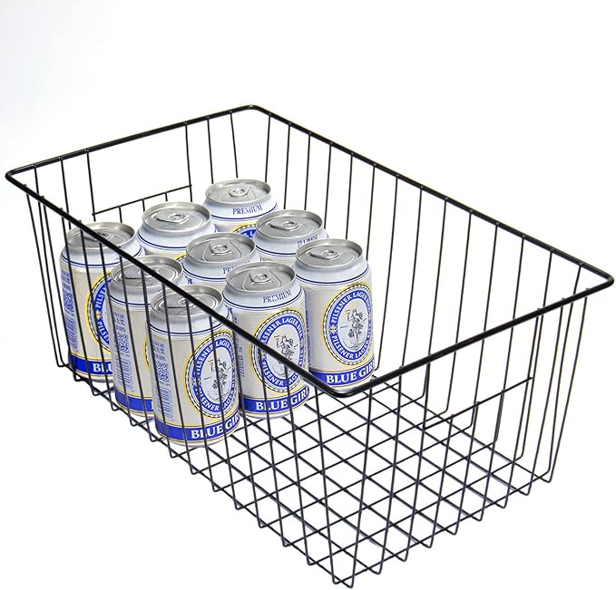 16inch Freezer Wire Storage Organizer Baskets, Household Refrigerator Bins with Built-in Handles, Black, 6PACK
