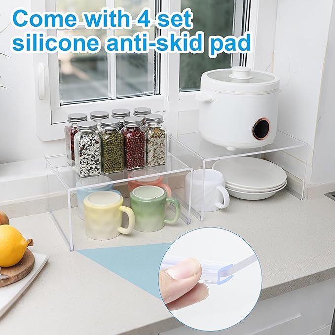 Acrylic Cabinet Organizer Shelf, 3 Pack Spice Rack Pantry Countertop Desk Organizers Display Shelves for Kitchen, Display Pantry Spice Organization for Cabinet, Plate Organizer for Cabinet Space Save