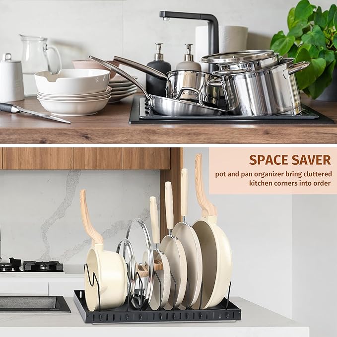 Kitchen Pots and Pans Organizer for Under Cabinet,Retractable Pot Lid Organizer with 8 Adjustable Compartment,17'*8.3" in Pot Rack for Kitchen Storage