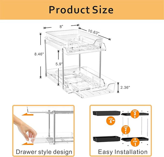 JLKDQ 2 Pack Bathroom Under Sink Organizers and Storage, 2-Tier Pull Out Medicine Cabinet Organizing- Kitchen, Pantry, Medicine Storage Bins, Vanity Makeup.(Clear,10.63" L x 8.0" W x 8.46" H).
