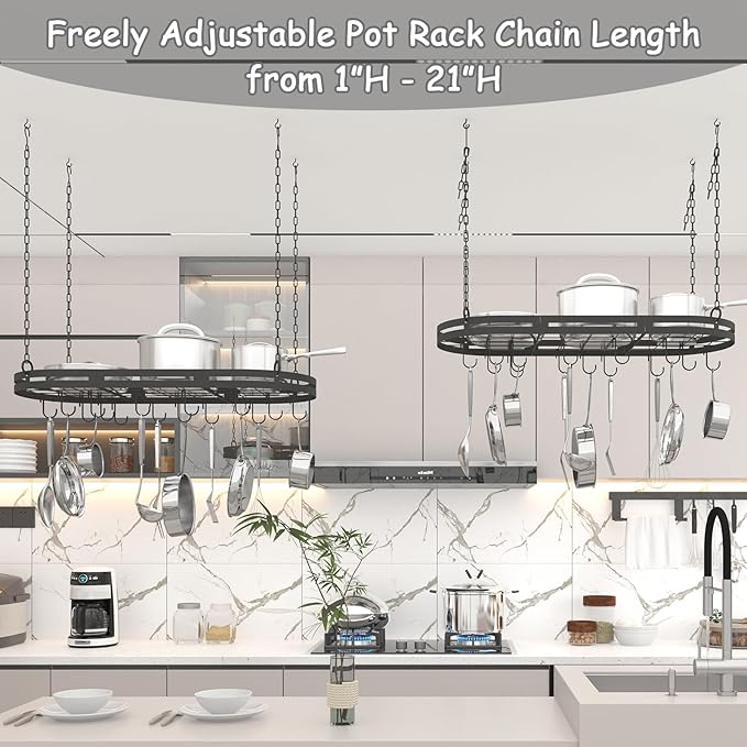33” Hanging Pot Rack Ceiling Mount, Black Metal Pan Rack Hanging with 15 Hooks, Oval Pots and Pans Hanging Rack, Ceiling Hanging Pot Racks with Grid, Pan and Pot hangers for Kitchen Cookware Utensils