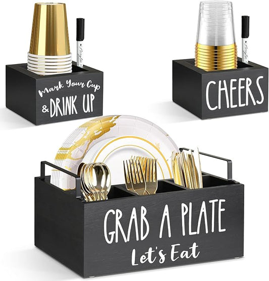 Paper Plate Holders with 2 Cup Holders and Markers, Wood Paper Plate Dispenser, Kitchen Utensil Holder Paper Plate Organizer for Counter, Cutlery Caddy Napkin Holder for Party Camping Picnic (Black)