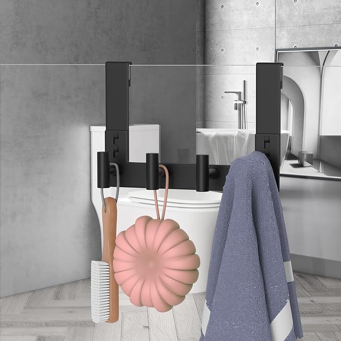 WUIVIUT Over The Glass Shower Door, Metal Shower Wall Mount Bath Hooks, Heavy Duty Rack Hooks for Robe, Towel (4 Hook, Fits 3/8'' Thick)