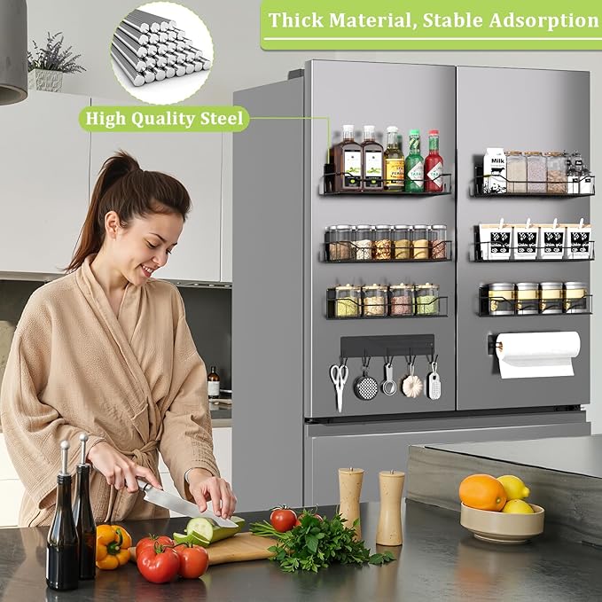 Magnetic Spice Rack for Refrigerator, 9 Pack Magnetic Fridge Shelves W/Adjustable Paper Towel Holder, Hook Rack, Moveable Spice Organizer Shelf for Kitchen Organization and Storage (Black)