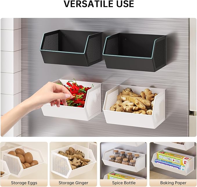 Magnetic Fruit Basket for Fridge, Magnetic Spice Rack for Refrigerator, Seasoning Organizer, Kitchen Gadgets, Refrigerator Organizers and Storage, Metal, 1 Pack (Black, Large)