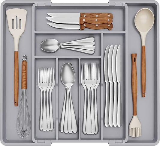 Lifewit Expandable Silverware Drawer Organizer, 22.4 x 16.7 x 2 inches, Adjustable Utensil Cutlery Tray for kitchen, Plastic Flatware Spoon Fork Knives Holder Storage Divider,1 Pack, Gray