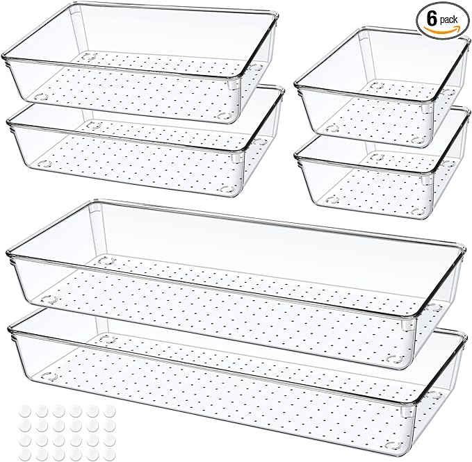 6 PCS Clear Plastic Drawer Organizer, Large 15" X 6" 3-Size Acrylic Stackable Kitchen Drawer Storage Tray, Bathroom Drawer Organizer Trays, Storage bins for Cosmetics Bathroom Kitchen Office