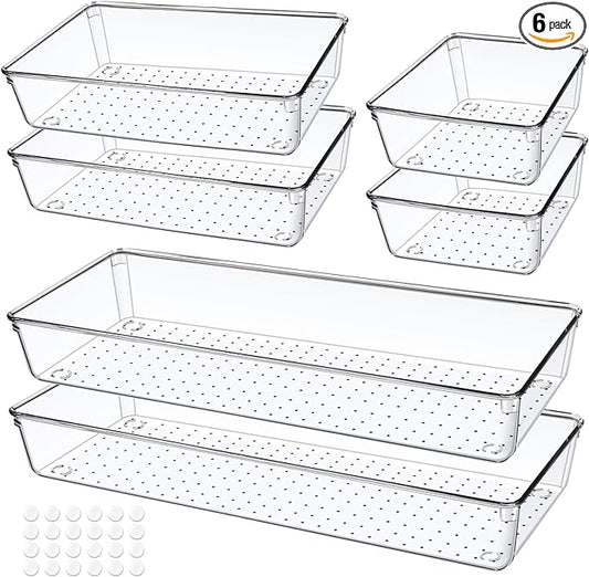 6 PCS Clear Plastic Drawer Organizer, Large 15" X 6" 3-Size Acrylic Stackable Kitchen Drawer Storage Tray, Bathroom Drawer Organizer Trays, Storage bins for Cosmetics Bathroom Kitchen Office