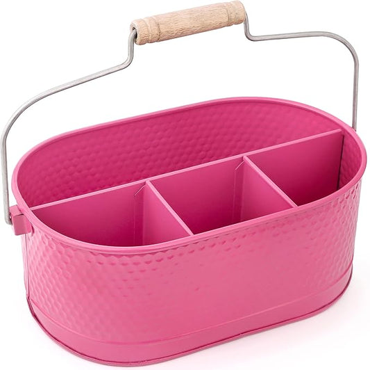 Alpha Living Home - Rustic Utensil Caddy – Metal & Wood Flatware Organizer with Handle – Silverware Holder for Kitchen Countertop, Picnic, BBQ, Parties – 4 Compartments – Bright Pink