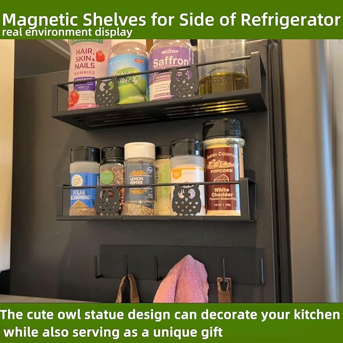 Magnetic Spice Rack for Refrigerator,Spice and Seasoning Organizer,Magnetic Shelf for Fridge Side,Magnetic Fridge Organizer,3 Pack Kitchen Storage with Magnetic Hooks