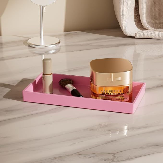 Vanity and Bathroom Tray, 7.7" ABS Countertop Organizer,Waterproof Vanity Tray for Toilet Tank,Perfume,Soap,Keys,Bathroom Accessories,Kitchen and Bath Trays,Non Slip Small Trays,Pink