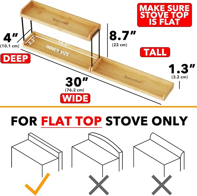 SpaceAid 30" Wide Kitchen Shelf Organizer for Stove, Magnetic Bamboo Spices Shelf for Home Stove Kitchen Storage Organization (Fit for Flat Top Only, 2-Tier)