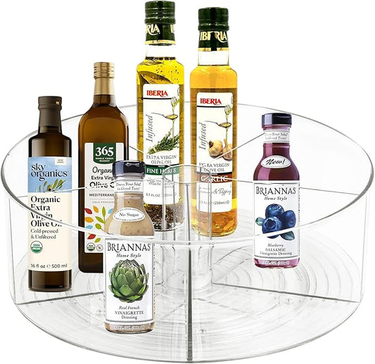 Large Lazy Susan Rotating Turntable Organizer with 5 Dividers - for Kitchen, Bathroom, Cabinet, Pantry, Fridge, Countertop, Vanity - Spinning Food Storage Container for Spices, Condiments-11.5", Clear