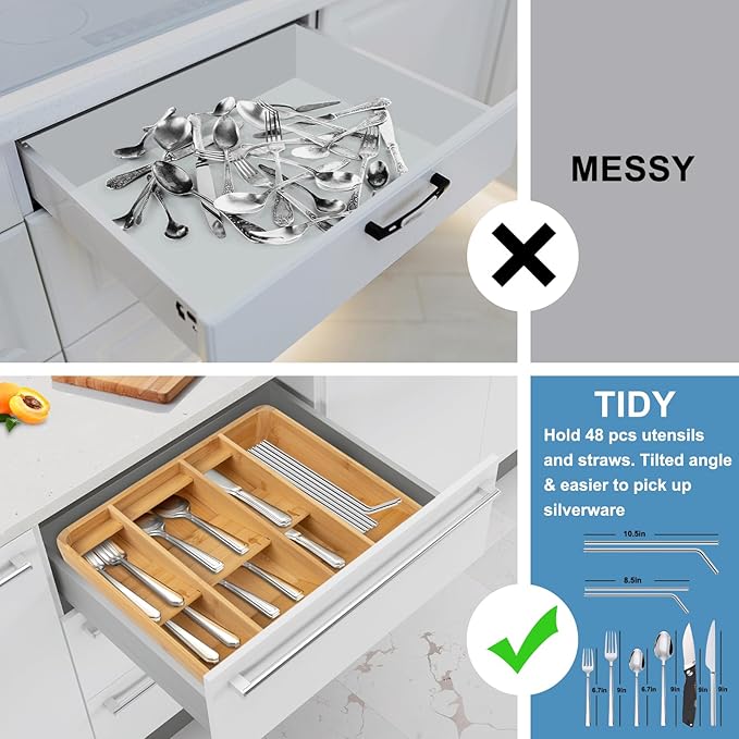 Bamboo Silverware Tray with Lid, 7 Compartments Compact Bamboo Utensil Organizer for Kitchen Drawers Countertop, Dust-proof Sturdy Flatware Organizers and Storage Holder with Labels