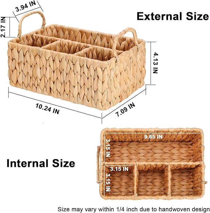 Wicker Party Silverware Caddy, Water Hyacinth Plastic Cutlery Utensil Holder, Hand Woven with Handles, Kitchen Countertop and Picnic flatware Organizer (4 compartments)