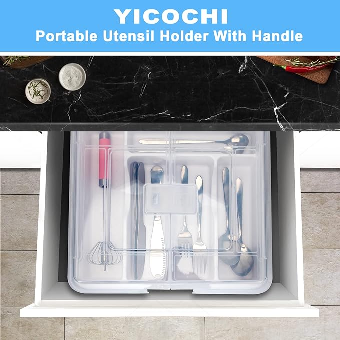 Portable Utensil Holder for Countertop with Lid & Handle, Plastic Silverware Tray for Drawer Flatware Organizer, White