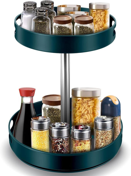 Rack Lazy Susan Organizer, 2 Tier Height Adjustable Rotating Lazy Turntable Organization for Cabinet Kitchen Table Pantry Countertop Refrigerator Cupboard Storage(Green, 12 inch)