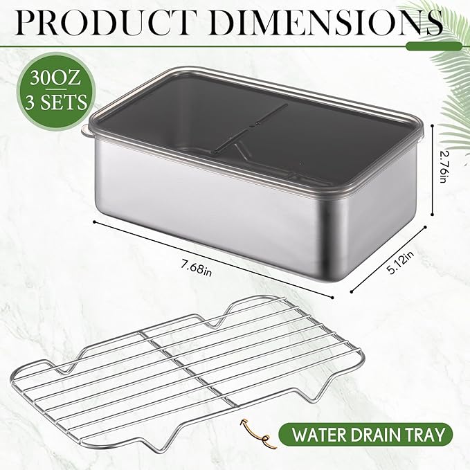 Hushee 3 Set 304 Stainless Steel Containers for Fridge, with Removable Drain Tray, Fruit Bacon Storage Airtight Deli Meat Container with Lids for Fresh Dry Food Storage(7.68 x 5.12 x 2.76 Inch)