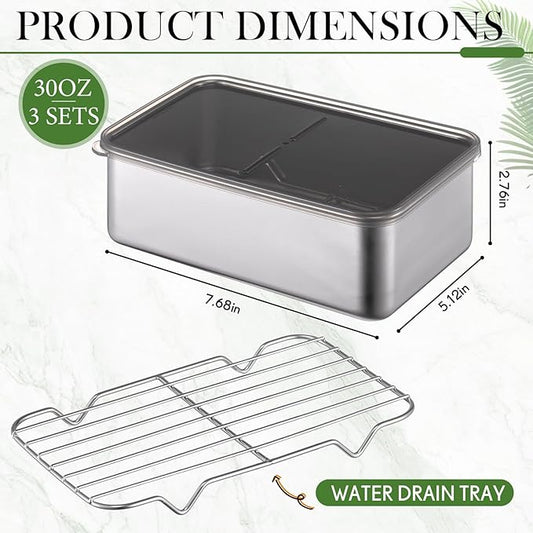 Hushee 3 Set 304 Stainless Steel Containers for Fridge, with Removable Drain Tray, Fruit Bacon Storage Airtight Deli Meat Container with Lids for Fresh Dry Food Storage(7.68 x 5.12 x 2.76 Inch)