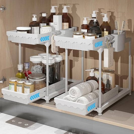 2 Pack Double Sliding Under Sink Organizers and Storage, 2 Tier Under Bathroom Cabinet Shelf Organizer with Hooks Hanging Cup, Home Organization, White