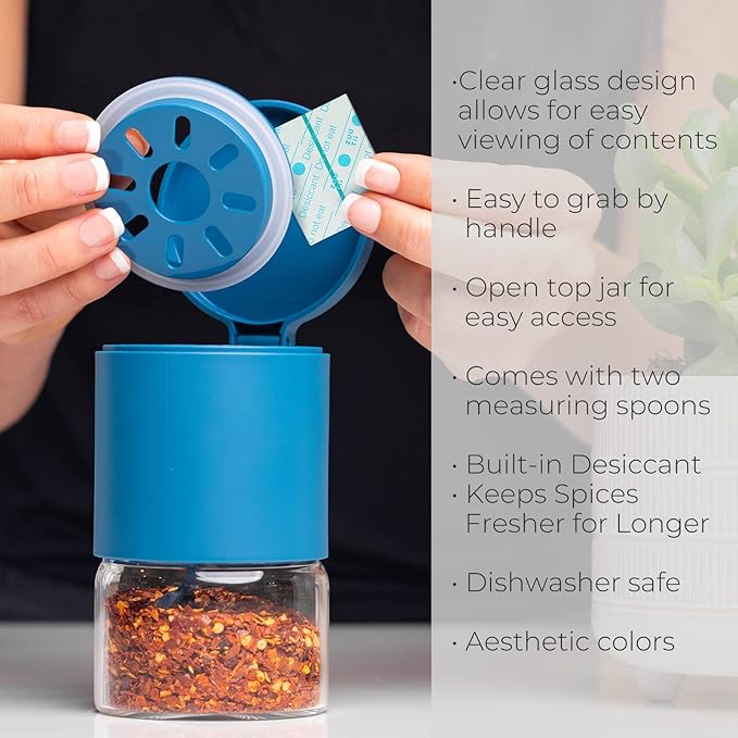 Zuutii Glass Spice Jars Moisture-Proof Spice Containers with Spoons, Set of 2 10oz/300ml Spice Bottles, Mini Seasoning Storage Jars with Flapper Caps for Salt, Sugar, Peppers, Chili in Kitchen Blue