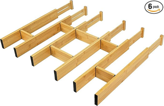 Adjustable Bamboo Drawer Dividers with Inserts, Expandable Spring-Loaded Drawer Organizer for Kitchen, Clothes, Tools, Silverware, Bamboo Organizer Separators - 6 Large Pieces