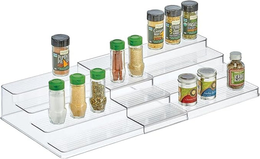mDesign Plastic Adjustable, Expandable 4-Tier Kitchen Cabinet, Pantry, Shelf Organizer/Spice Rack - Storage for Spice Bottles, Jars, Seasonings, Baking Supplies, Lumiere Collection - Clear