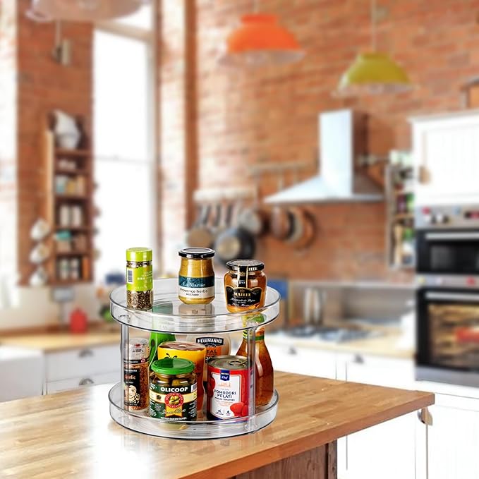 Amolliar 2 Tier 11" Lazy Susan, Rotating Turntable Organizer for Cabinet, Kitchen, Fridge, Countertop, Bathroom, Pantry Organizer Storage, Spice Spinner Rack for Condiment, Snack, Under Sink Organizer