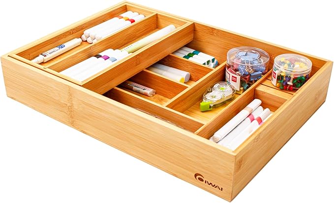 Double layer Bamboo Kitchen Drawer Organizer, Utensil Silverware Organizer, Cutlery Tray, With Slidable & Removable Utensil Tray, With Knife Holder, Flatware Organizer,Multi-use storage box