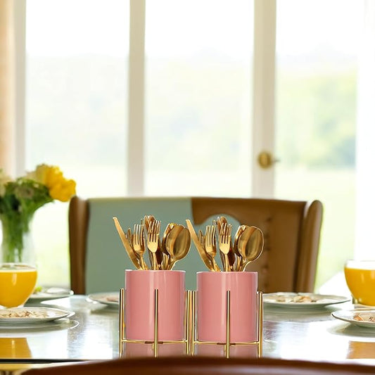 Sturdy Cutlery Holder Gold Ceramic With Metal Bracket Robust Silverware Caddy For Countertop - Spoon Holder Silverware Caddy