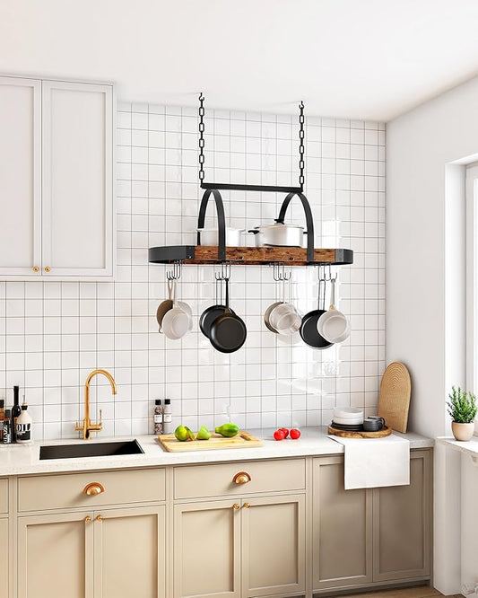 Hanging Pot Rack, Pot Hanger for Kitchen, Ceiling Mounted Pot Holder, Cookware Organizer with 12 S-Shaped Hooks, for Pot, Pan Storage, Space-Saving, Rustic Brown and Black TPR08BFC1