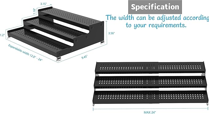 Metal Spice Rack Organizer for Cabinet, 3 Tier Expandable Spice Storage Shelf, Great for Kitchen Cabinets, Cupboard,Pantry and Countertop More,Metal Plate with Hole(1PACK/Gun-Grey)