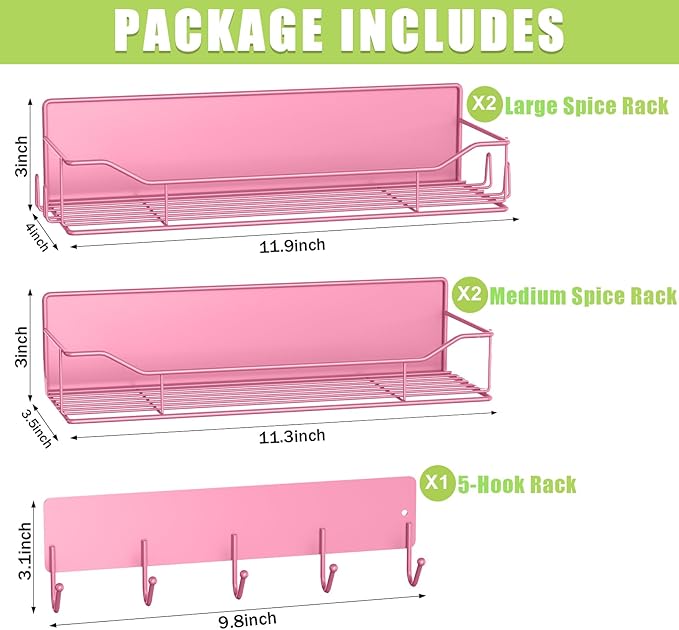 Magnetic Spice Rack for Refrigerator, 5 Pack Metal Strong Magnet Spice Organizer Shelves with Hook Rack, Space Saving Magnetic Fridge Shelf for Home Kitchen Organization and Storage (Pink)