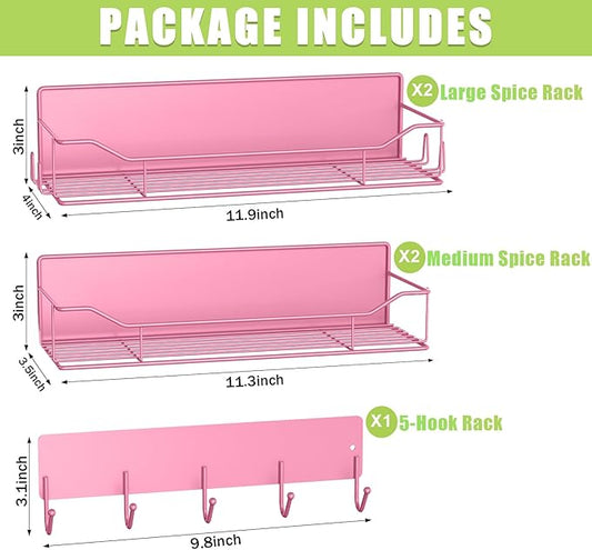 Magnetic Spice Rack for Refrigerator, 5 Pack Metal Strong Magnet Spice Organizer Shelves with Hook Rack, Space Saving Magnetic Fridge Shelf for Home Kitchen Organization and Storage (Pink)