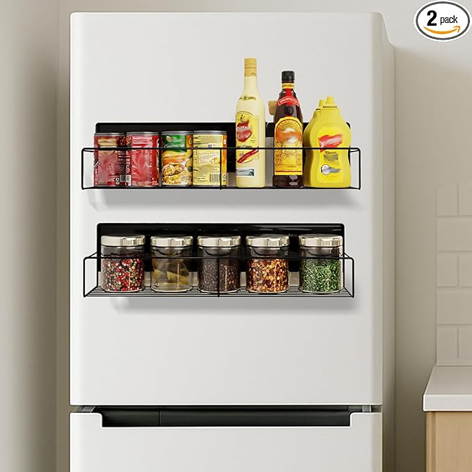 2 Packs Magnetic Spice Rack for Refrigerator, Moveable Magnetic Shelf, Black Fridge Organizer for Kitchen Space Saving