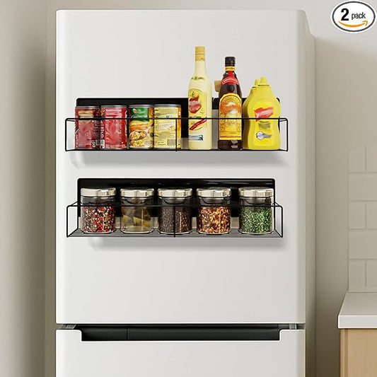 2 Packs Magnetic Spice Rack for Refrigerator, Moveable Magnetic Shelf, Black Fridge Organizer for Kitchen Space Saving